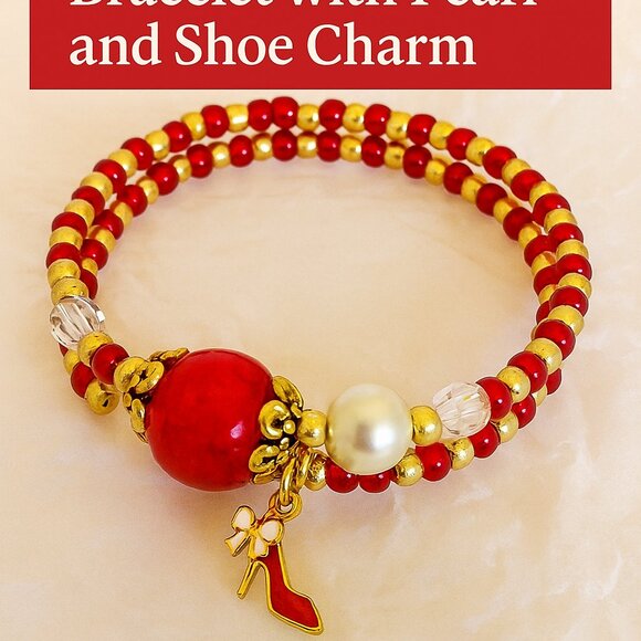 Red and Gold Wire Wrap Bracelet – Pearl Beads & Shoe Charm - Picture 3 of 4